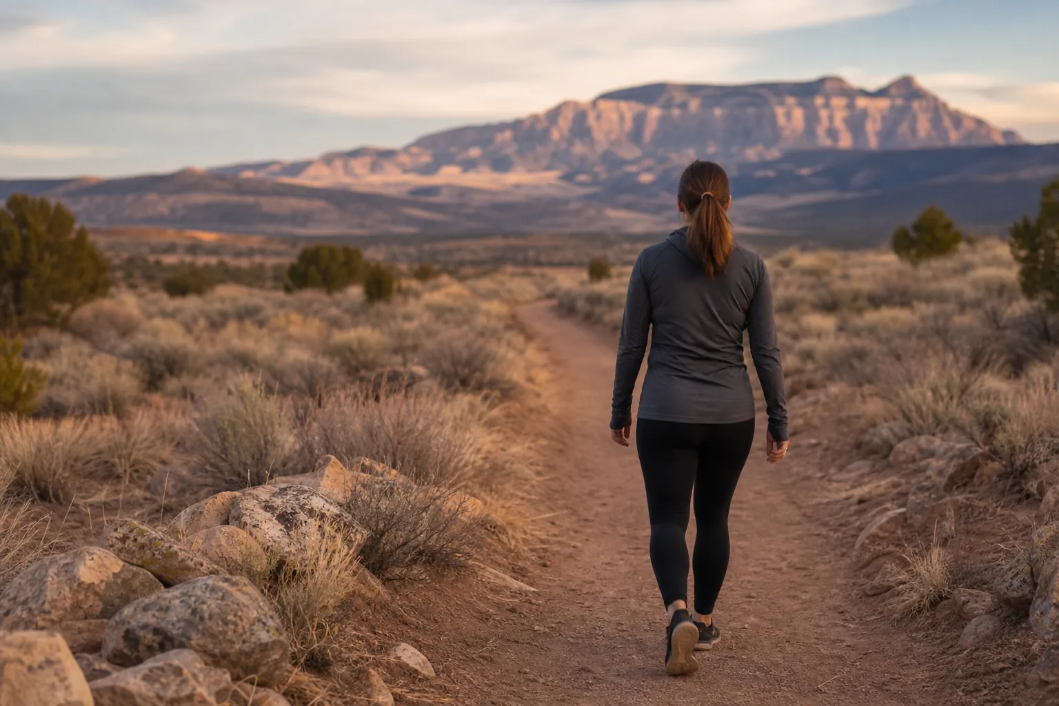 Woman walking alone on a desert trail toward rugged mountains in a New Mexico landscape at sunset