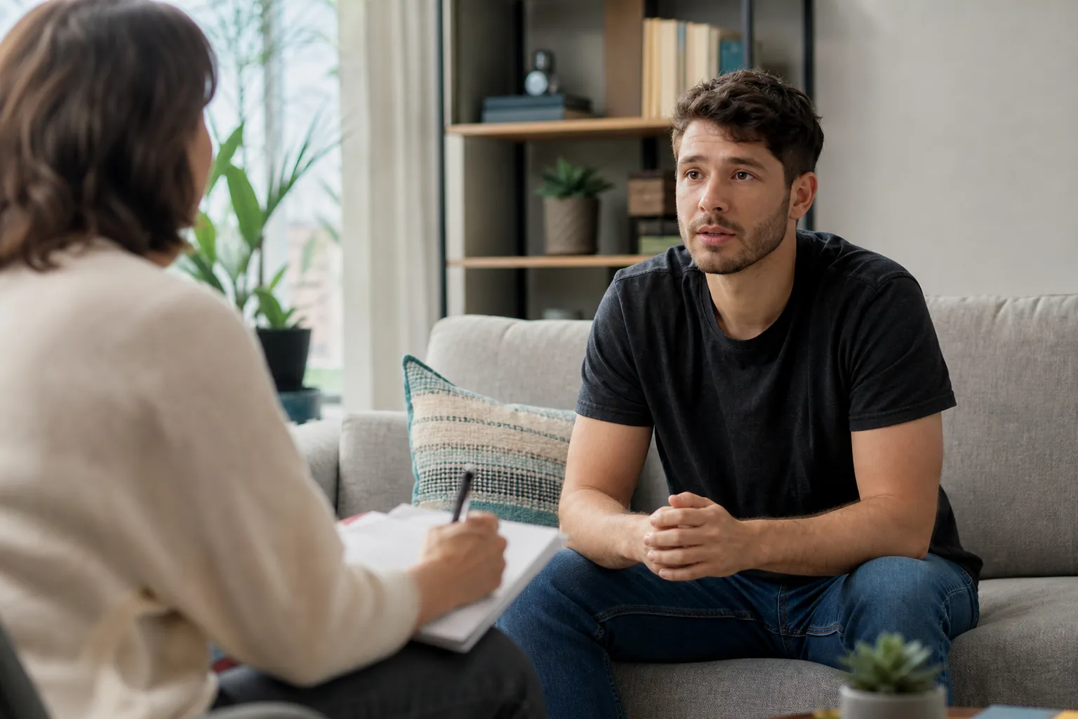 A man sits on a sofa with clasped hands while speaking with a therapist who takes notes in a bright office.