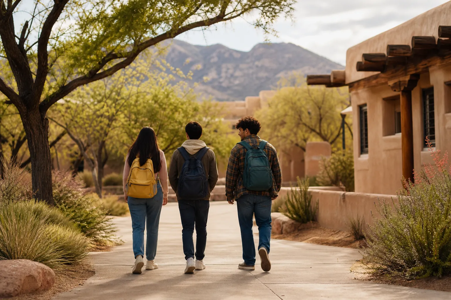 Three young people with backpacks walk along a paved path beside adobe-style buildings, with trees and mountains beyond.