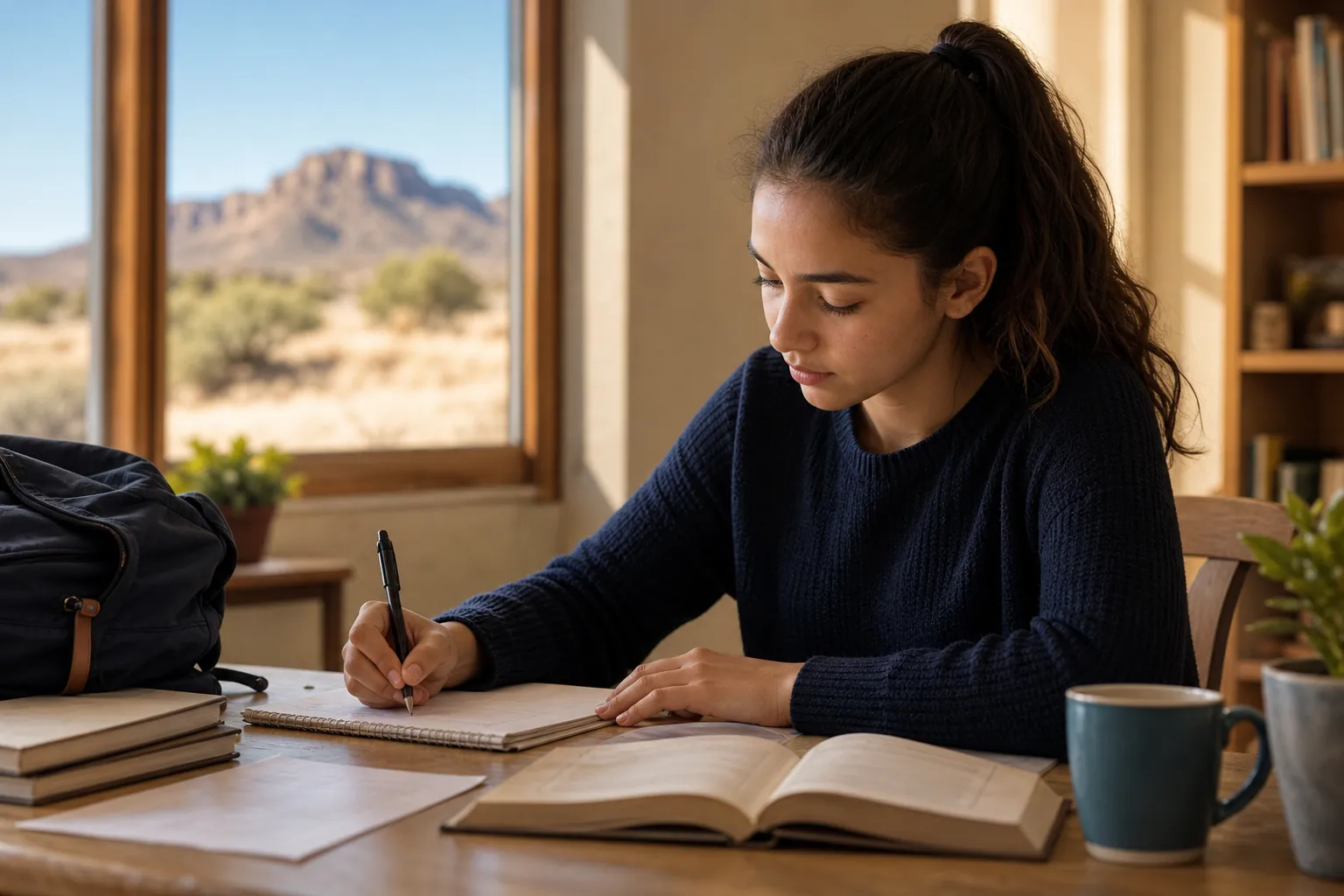 A young woman writes in a notebook beside an open book, backpack and mug, with a desert mesa visible through the window.