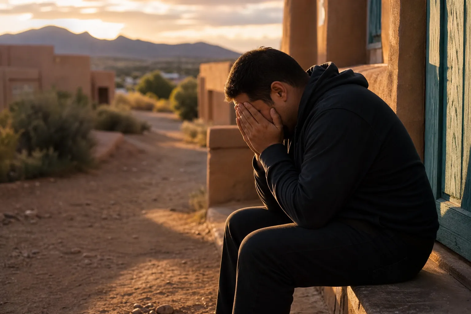 A man in a black hoodie sits hunched with his face in his hands beside an adobe building, with desert mountains at sunset.