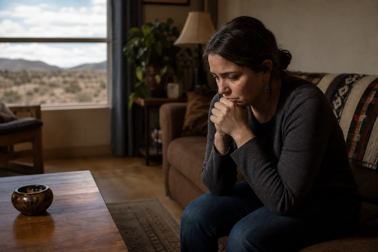 A downcast woman sits leaning forward on a couch, hands clasped near her mouth, with desert hills visible through a window.