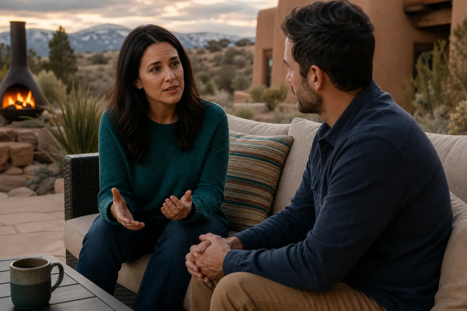 A woman gestures while talking with a man on an outdoor sofa, with an adobe building, lit chiminea, and mountains behind them.