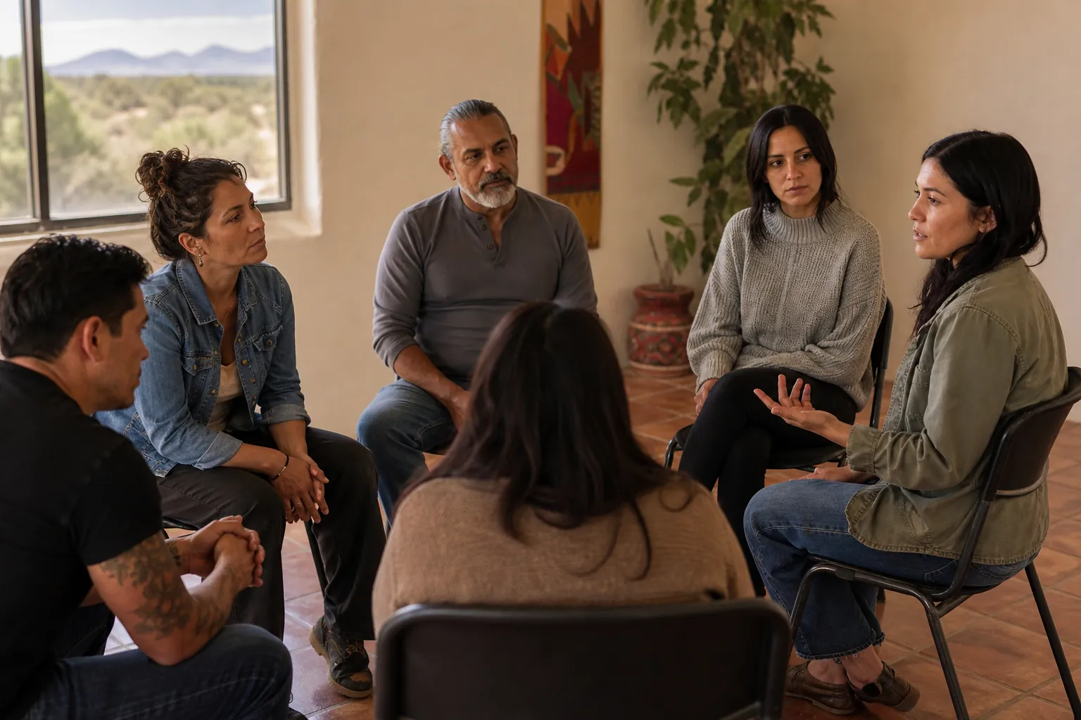 Six adults sit in a circle as one woman speaks and gestures during an addiction group therapy session.