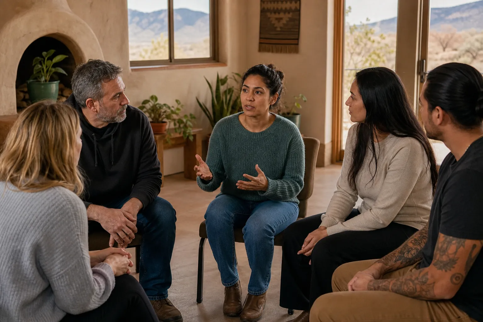 Five adults sit in a circle as one woman speaks and gestures during a supportive group therapy session.