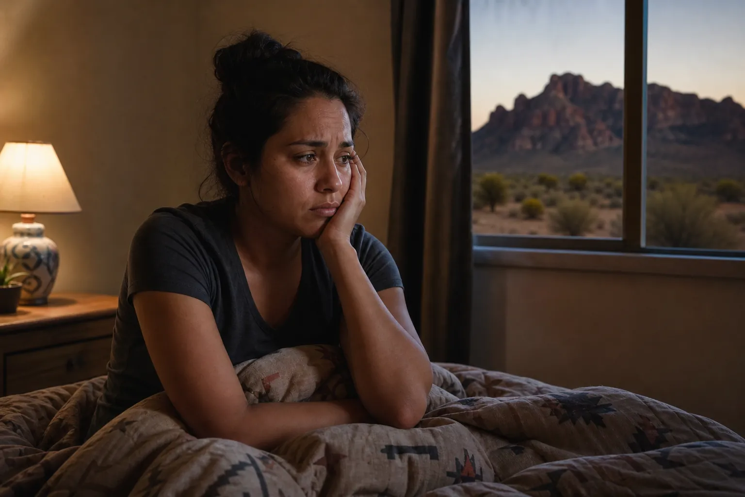 Tired woman sitting awake in bed with her face resting on one hand beside a lamp and a window overlooking mountains.