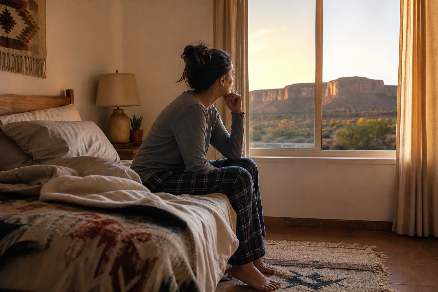 A woman in pajamas sits on the edge of an unmade bed, gazing through a window at sunlit desert cliffs.