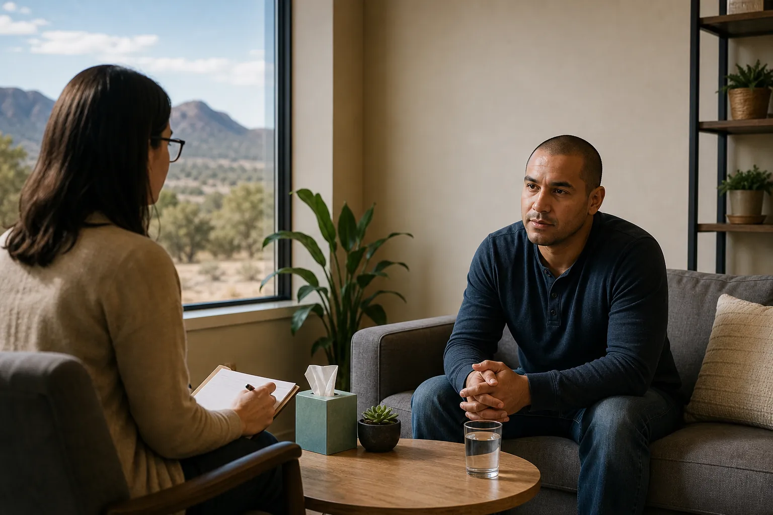 A counselor takes notes while speaking with a man in an office overlooking a New Mexico desert landscape.