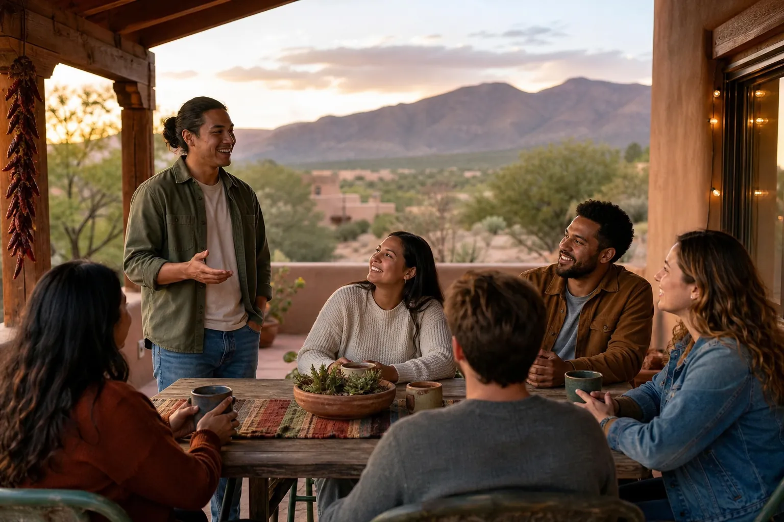 Six adults chat around a wooden patio table with mugs and succulents, with adobe buildings and mountains in the sunset background.