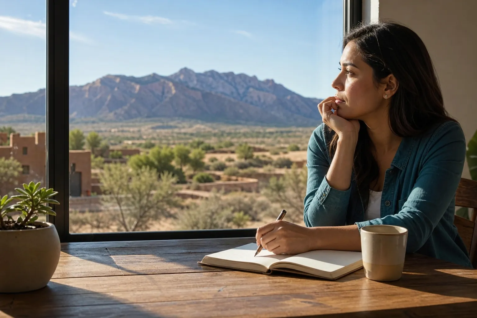 A woman rests her chin on one hand and holds a pen over an open notebook beside a window overlooking desert mountains.