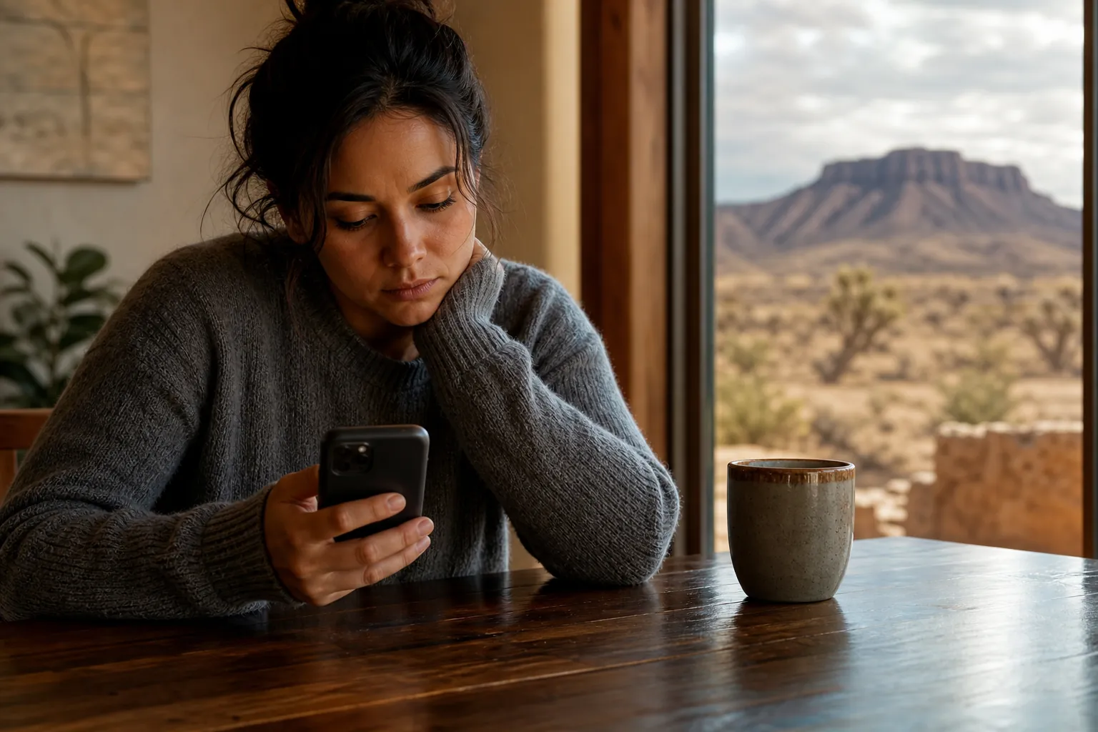 A woman looks down at her phone at a wooden table beside a mug, with a desert mesa visible through the window.