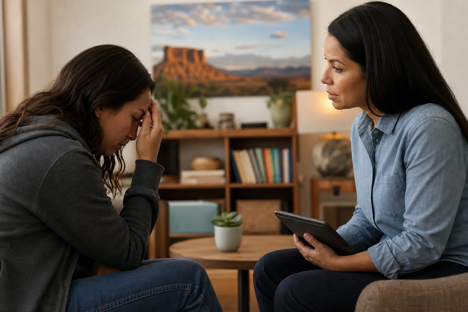 A distressed woman holds her forehead while another woman holds a tablet, with a desert landscape print behind them.