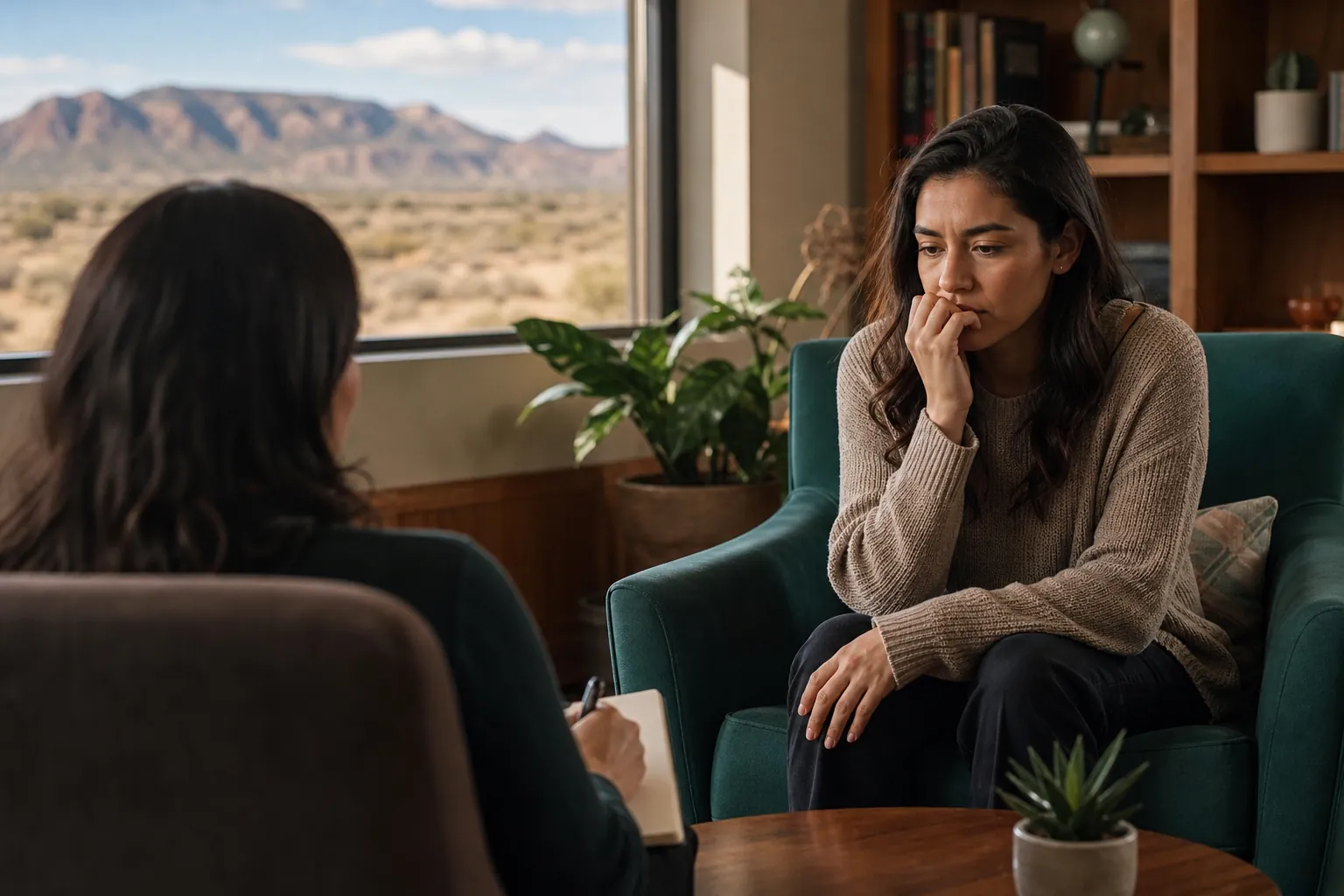 A concerned woman sits with her hand near her mouth across from a note-taking counselor, with desert mountains outside the window.