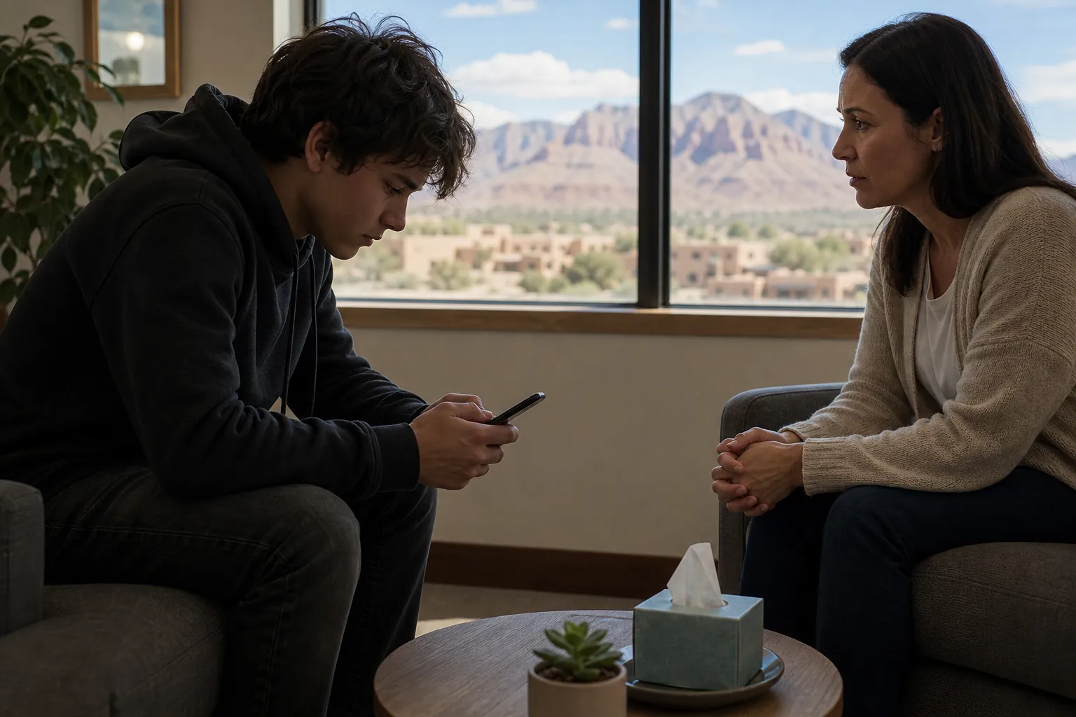 A young person looks down at a smartphone while a woman sits opposite, with tissues on a table and desert mountains outside.