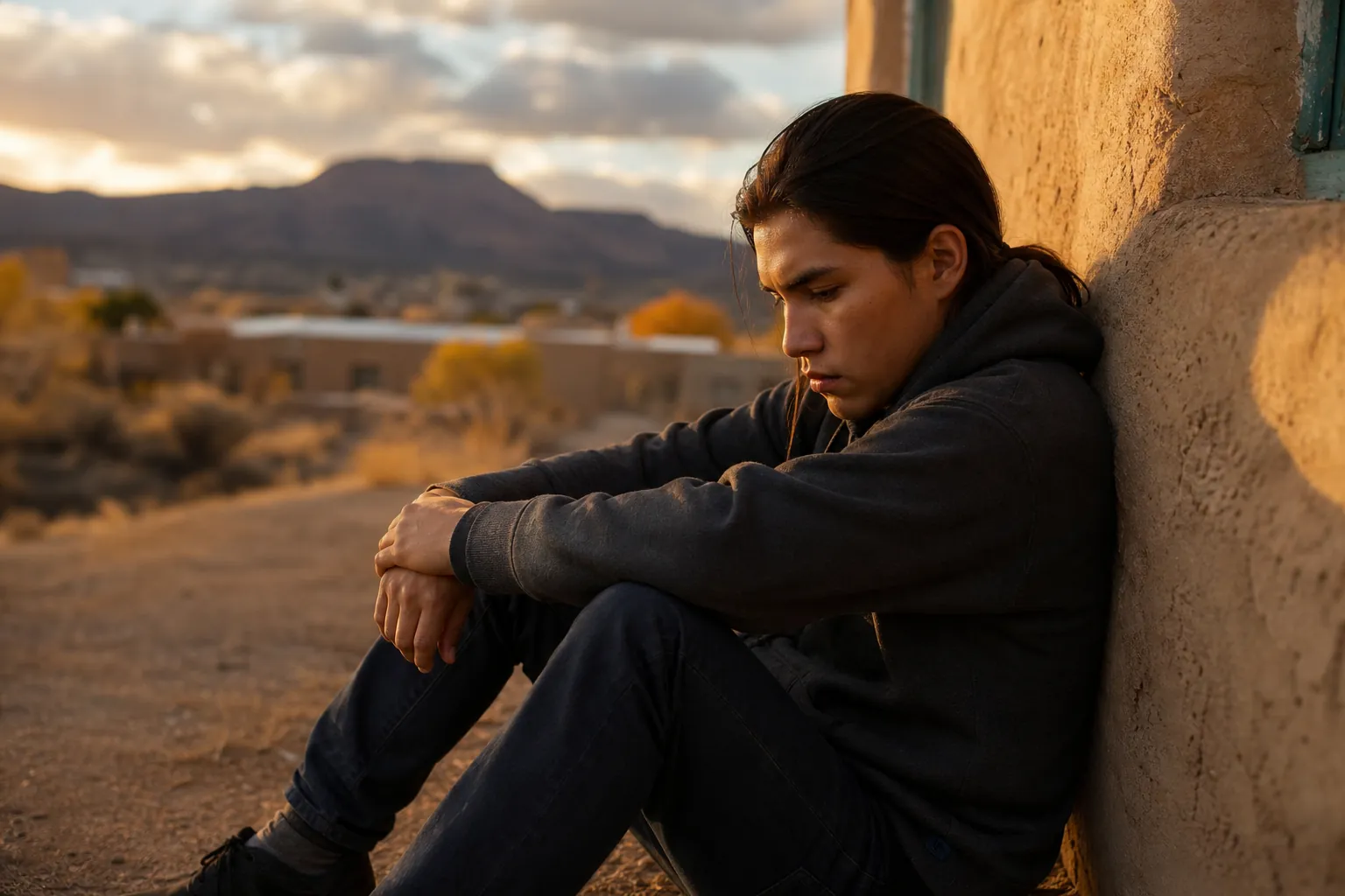 A young person in a dark hoodie sits alone against an adobe wall, looking down with a desert town and mountains behind them.