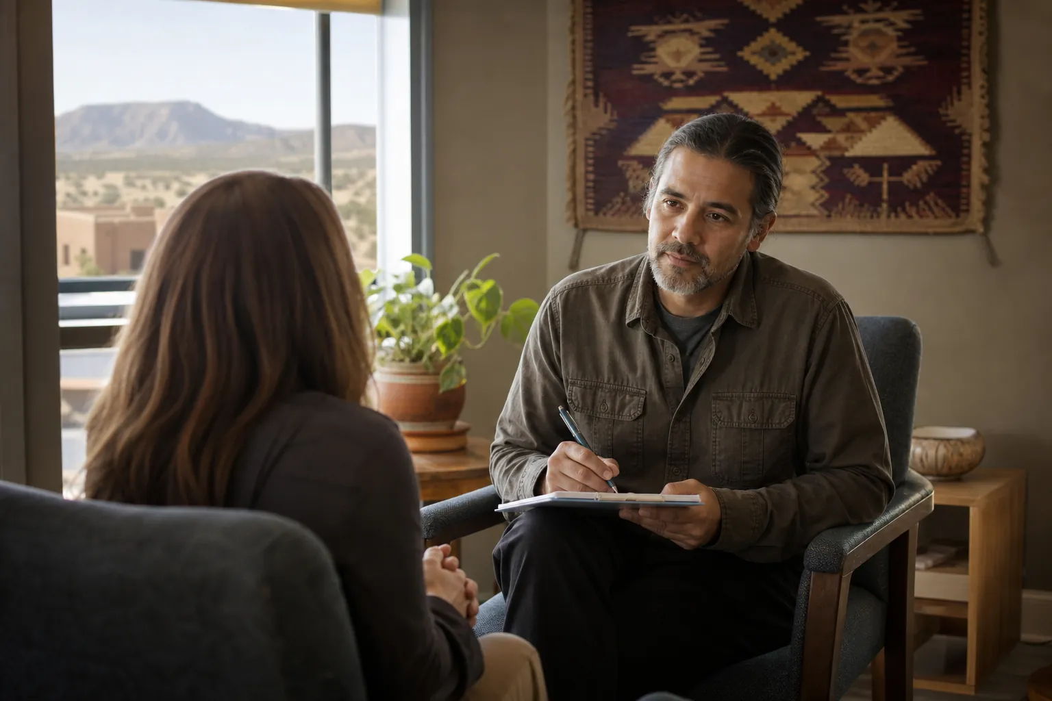 A clinician takes notes while listening to a patient during a private behavioral health assessment.