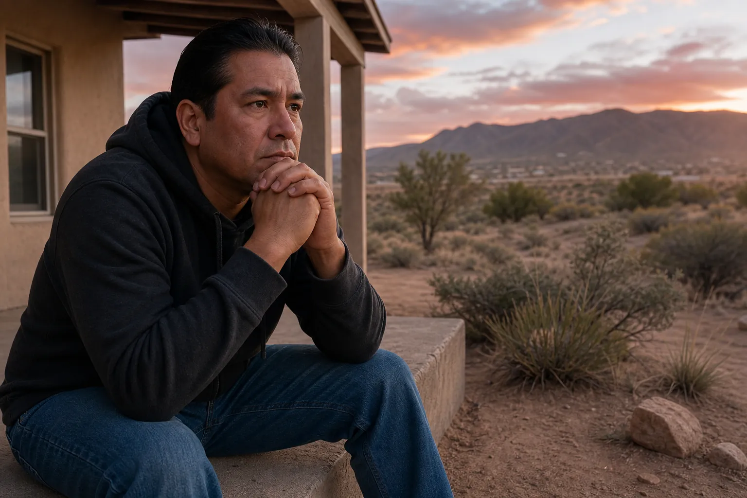 A pensive man in a dark hoodie sits outside a desert home at sunset, clasping his hands and looking into the distance.