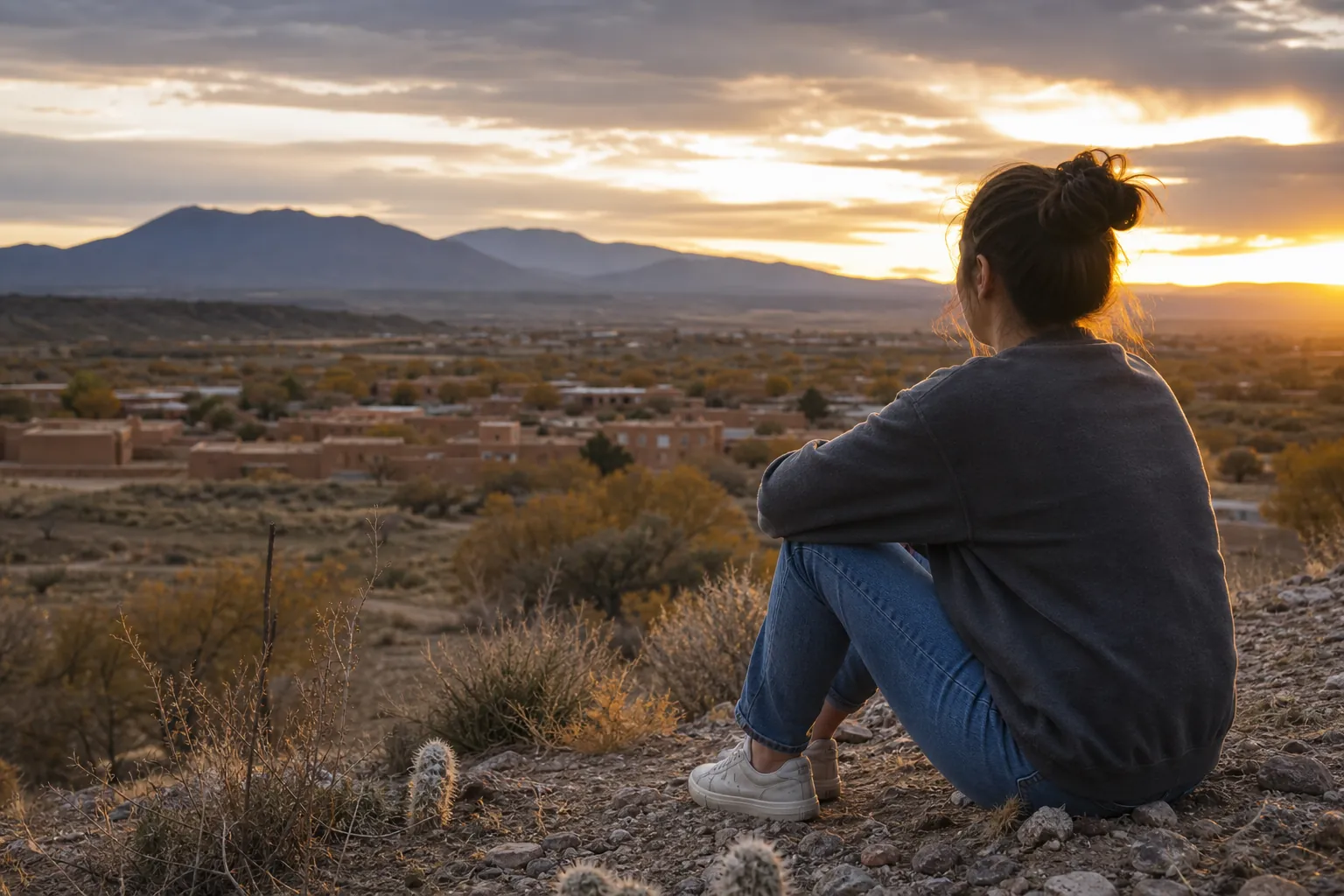 A solitary woman sits on a rocky hillside overlooking a New Mexico desert town and distant mountains at sunset.