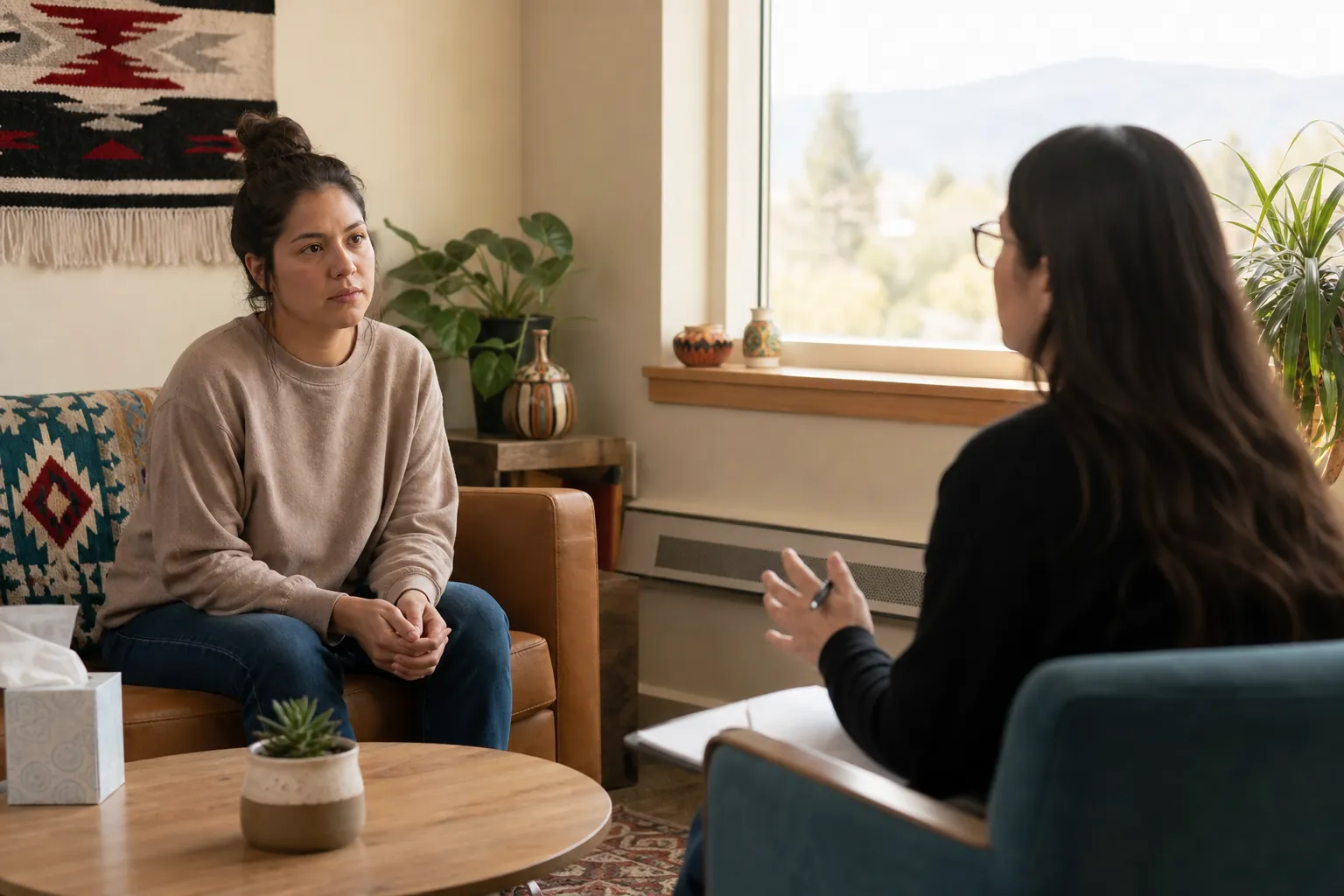 A woman listens as a counselor gestures during a private therapy session in a warm, Southwestern-style office.