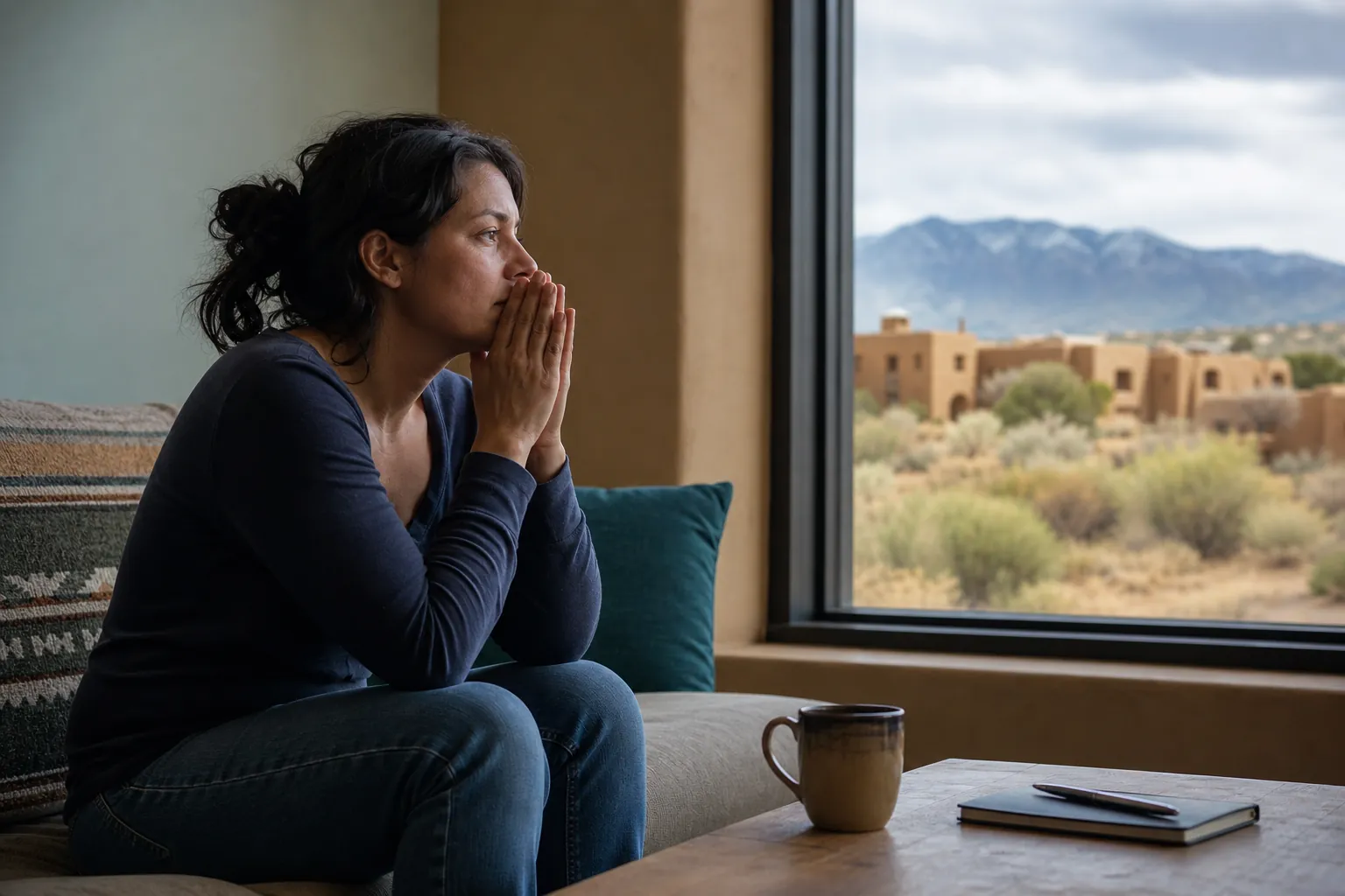 A worried woman sits with clasped hands by a window overlooking desert homes and mountains in New Mexico.