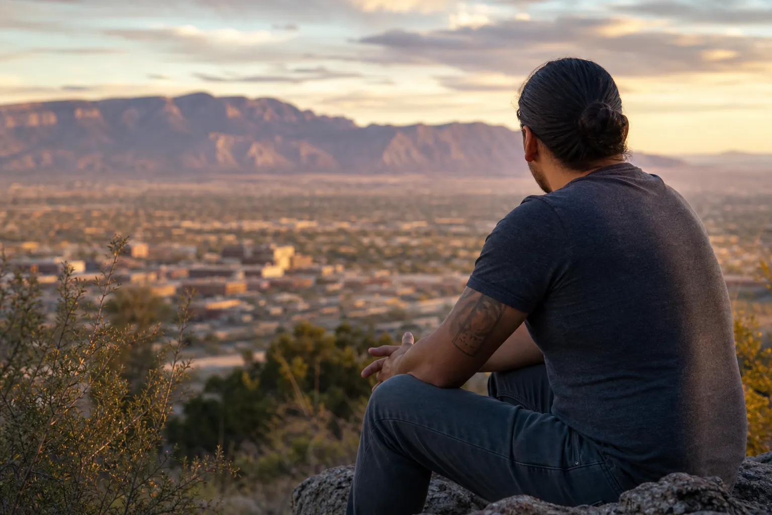 A man sits on a rocky hillside overlooking a New Mexico city and distant mountains at sunset.