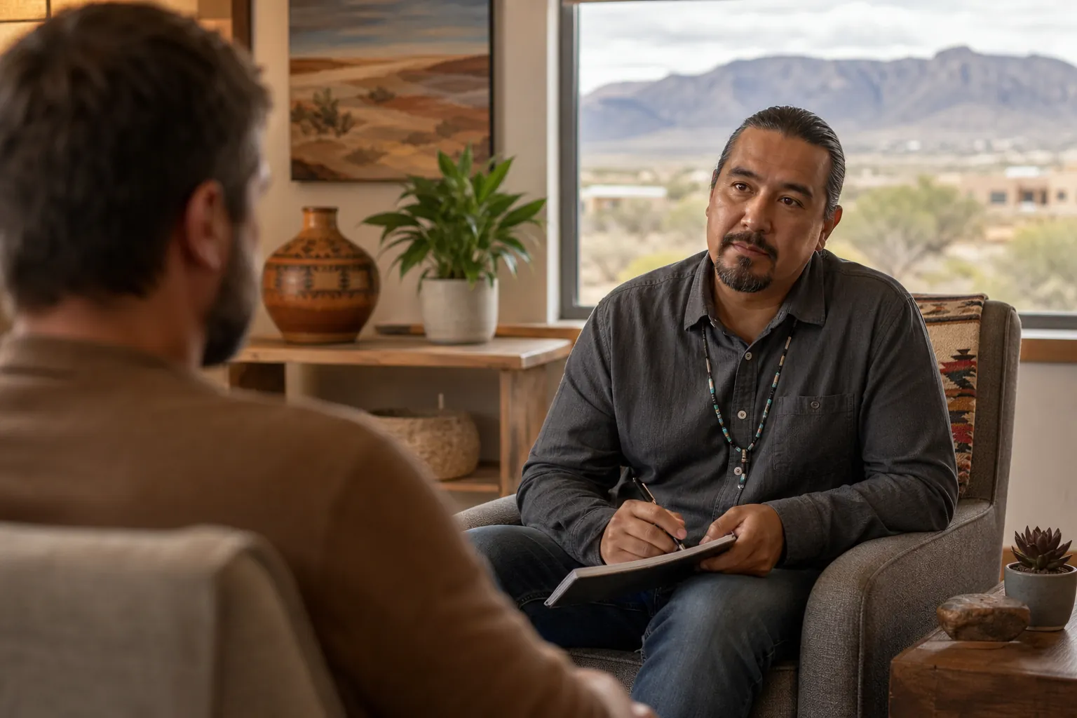 A counselor takes notes while listening to a client in a quiet office with a mountain view.