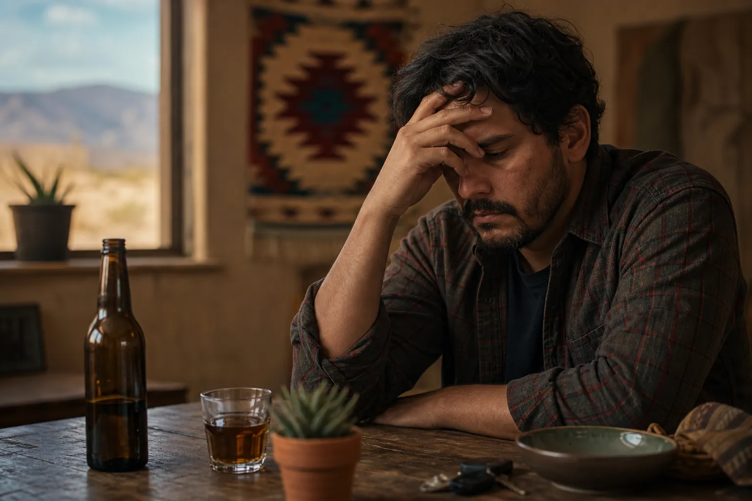 Distressed man holding his forehead at a table with a liquor bottle and a glass of amber alcohol.