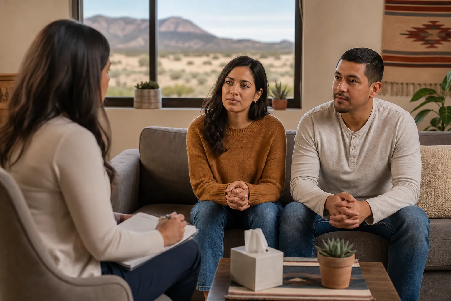 A couple sits on a sofa facing a counselor with a clipboard, with desert mountains visible through the window.