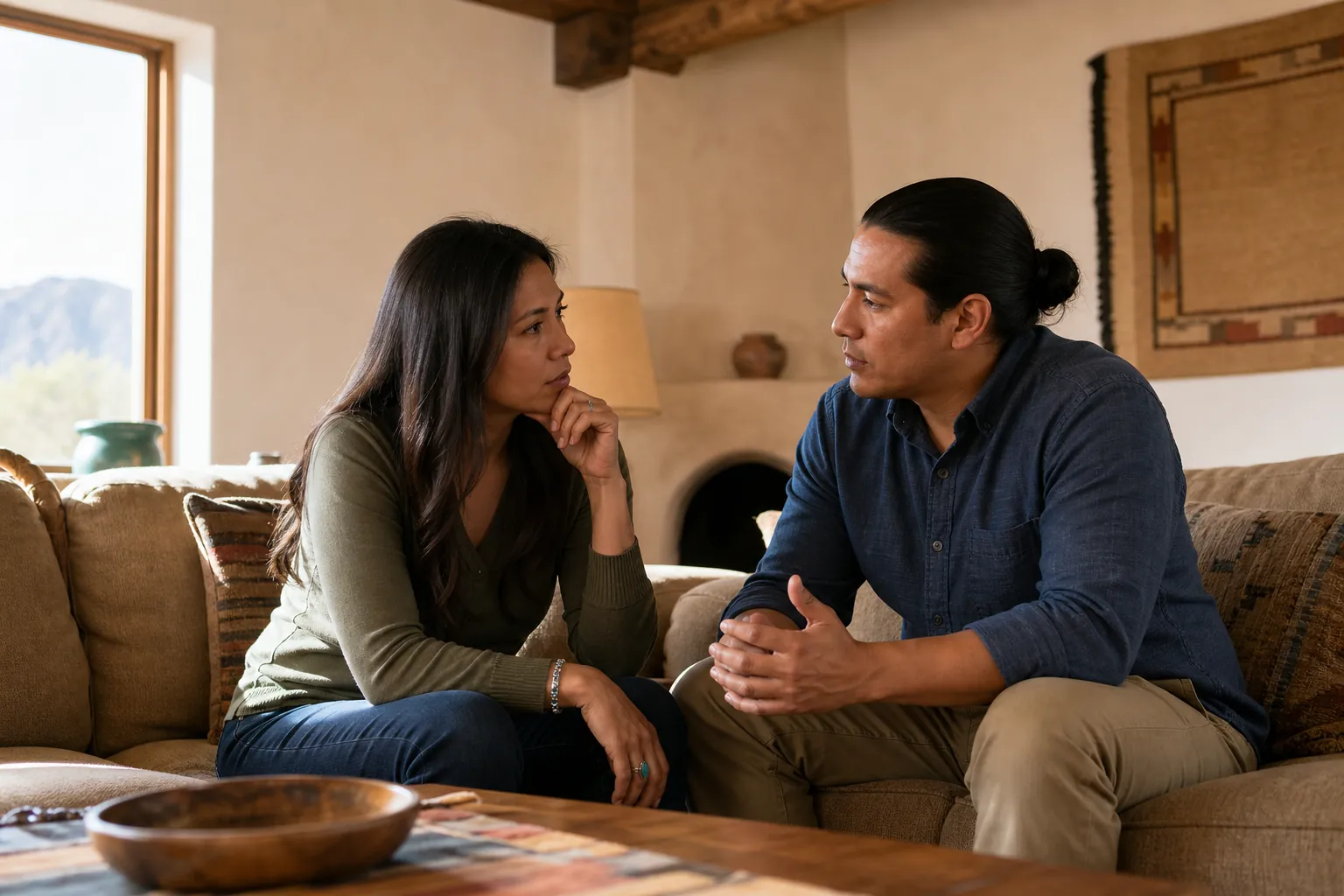 A woman and a man sit facing each other on a beige sofa, having a serious conversation in a warm, rustic living room.