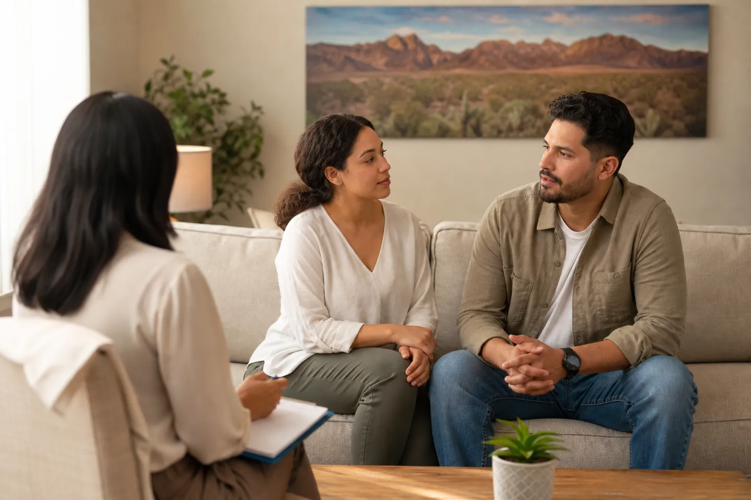 A couple sits on a sofa facing a counselor holding a notebook, with a desert landscape print hanging behind them.