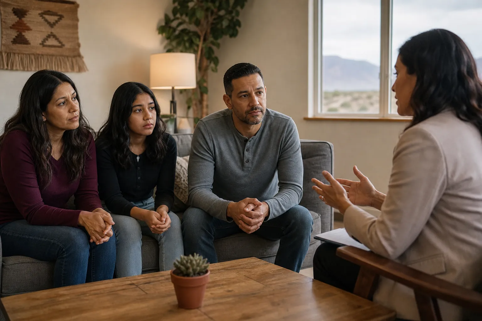 Two adults and a teenage girl sit on a sofa facing a counselor who gestures in a warmly furnished room.