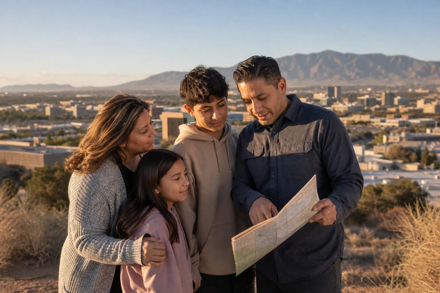 Two adults and two children study a folded map outdoors, with Albuquerque buildings and mountains behind them.