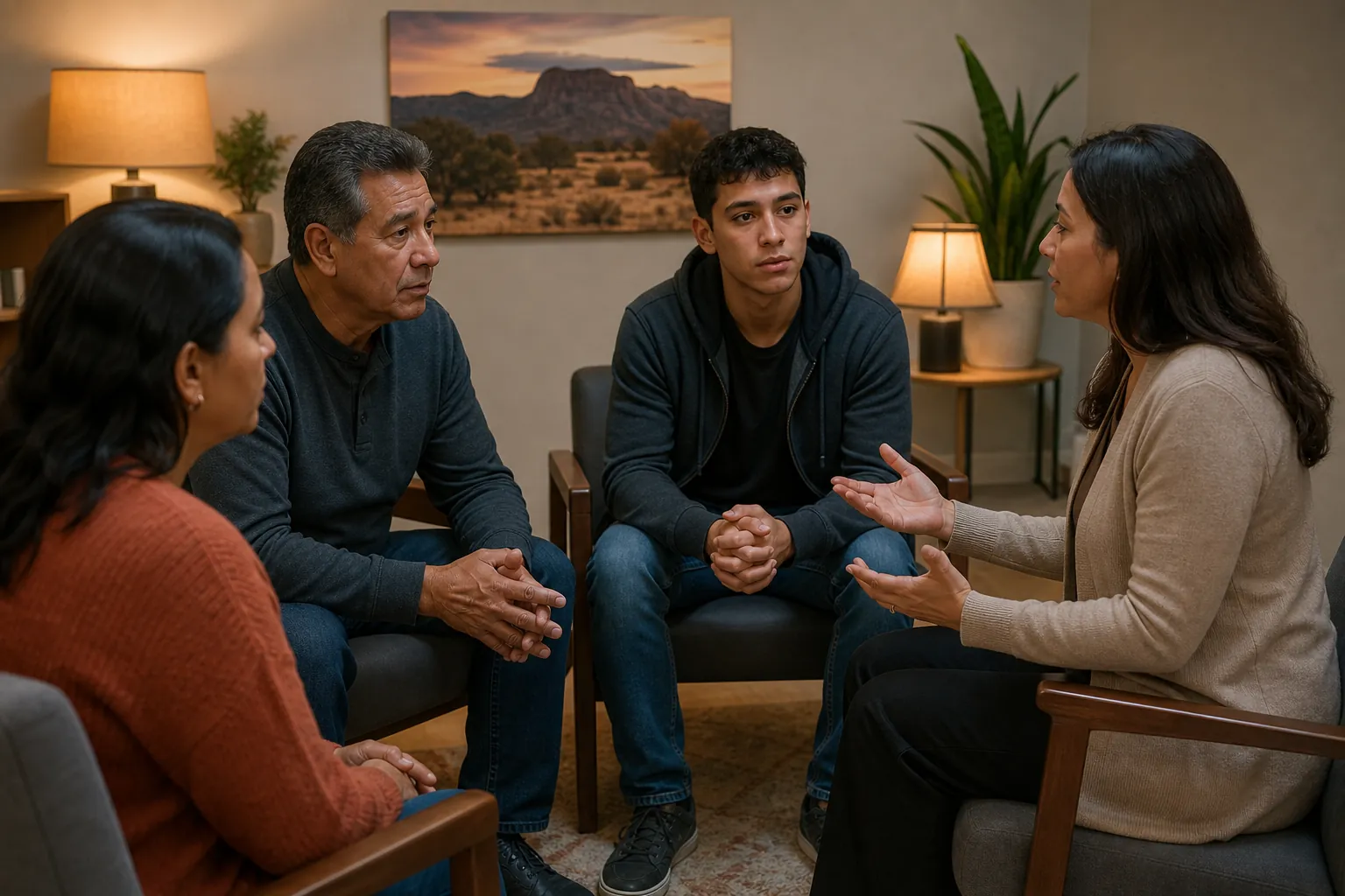 Four people sit in a counseling circle as a woman gestures while speaking, with lamps, plants and desert artwork behind them.