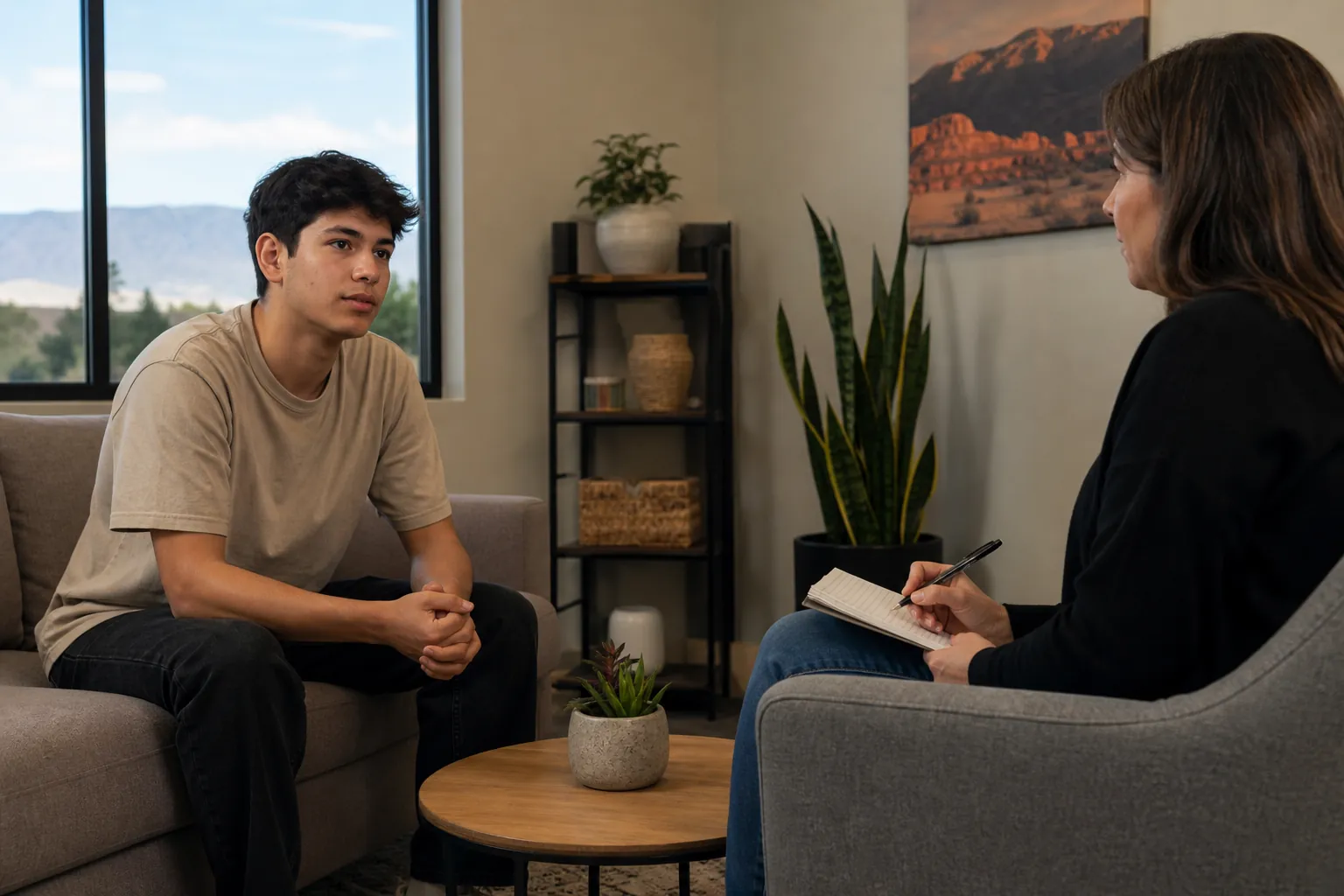 A young man sits with clasped hands facing a woman holding a pen and notebook in a counseling room with plants.