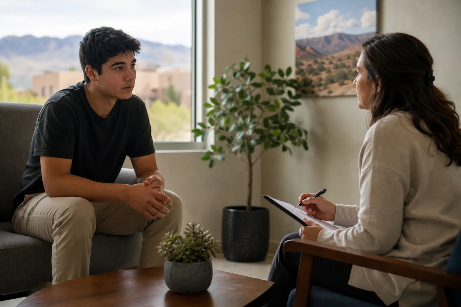 A young man sits across from a woman holding a pen and clipboard in an office with plants and mountain views.