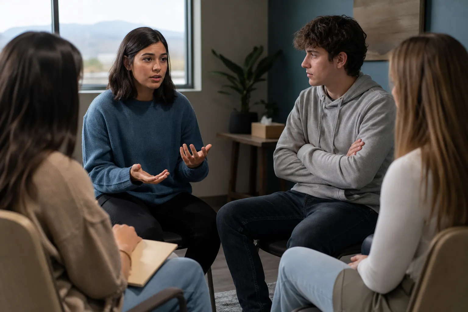 Four young adults sit in a circle indoors, with a woman gesturing as she speaks and another holding a notebook.