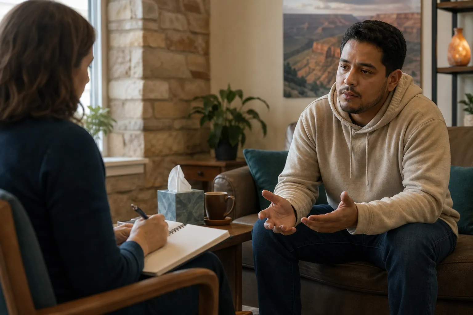 A woman takes notes in a spiral notebook while a man in a beige hoodie gestures during a counseling conversation.