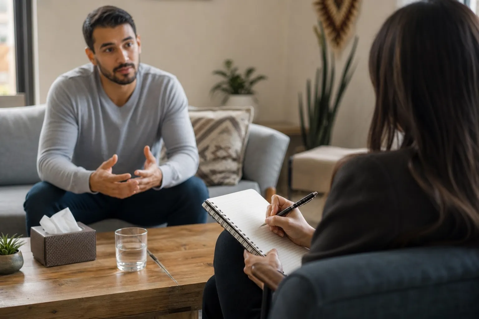 A woman holds a pen over a spiral notebook while a man seated across from her gestures during a counseling conversation.