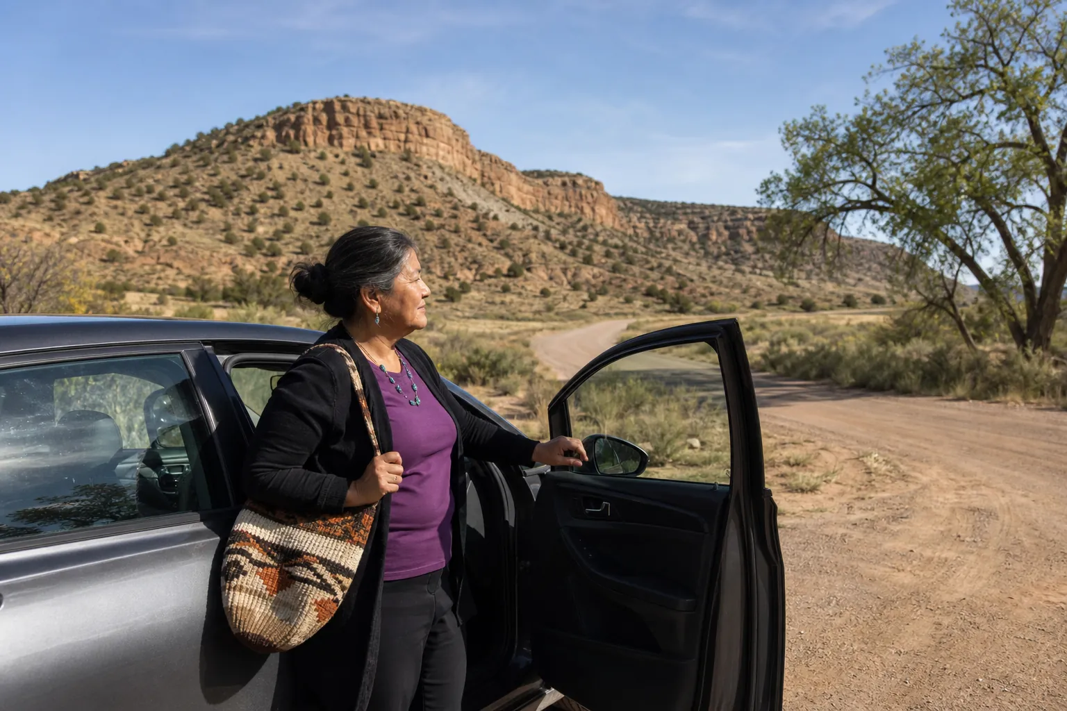 Woman with a shoulder bag stands beside an open car door on a rural desert road beneath rocky mesas.