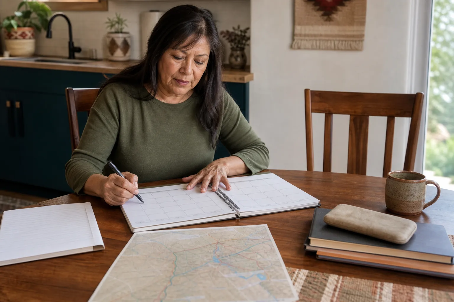 Woman reviews a large weekly planner beside a road map, notebook, books, and coffee at her dining table.