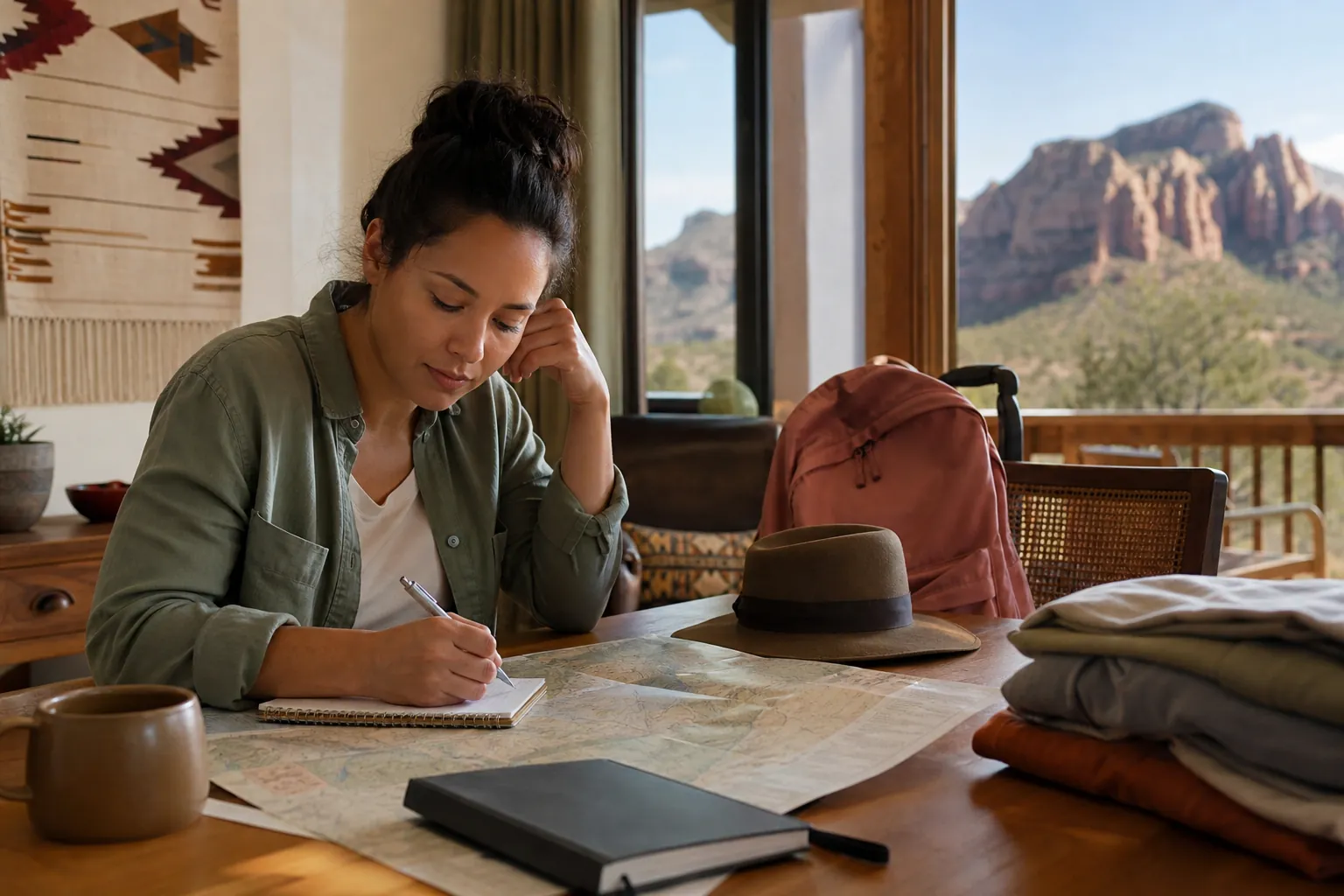 A woman writes in a notebook beside a map, backpack, hat and folded clothes, with rocky desert cliffs outside the window.