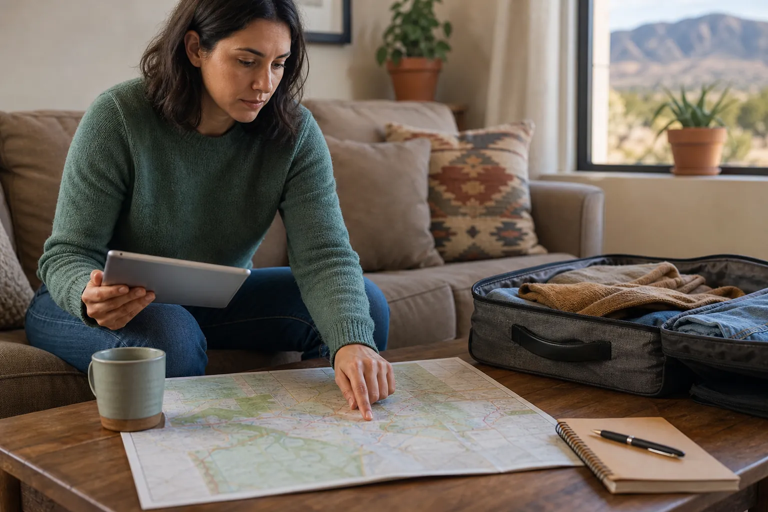 A woman holds a tablet and points to a paper map beside an open packed suitcase, a mug, and a notebook on a coffee table.