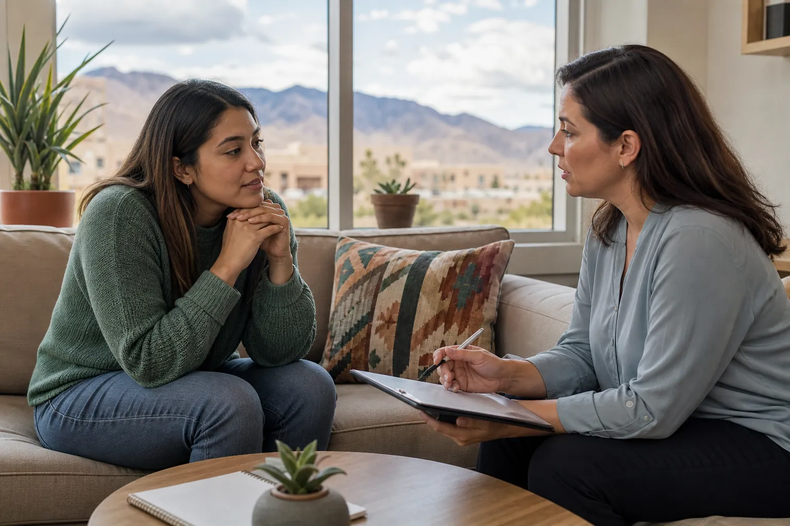 Two women talk on a sofa, one holding a pen and clipboard, with desert mountains visible through the window.