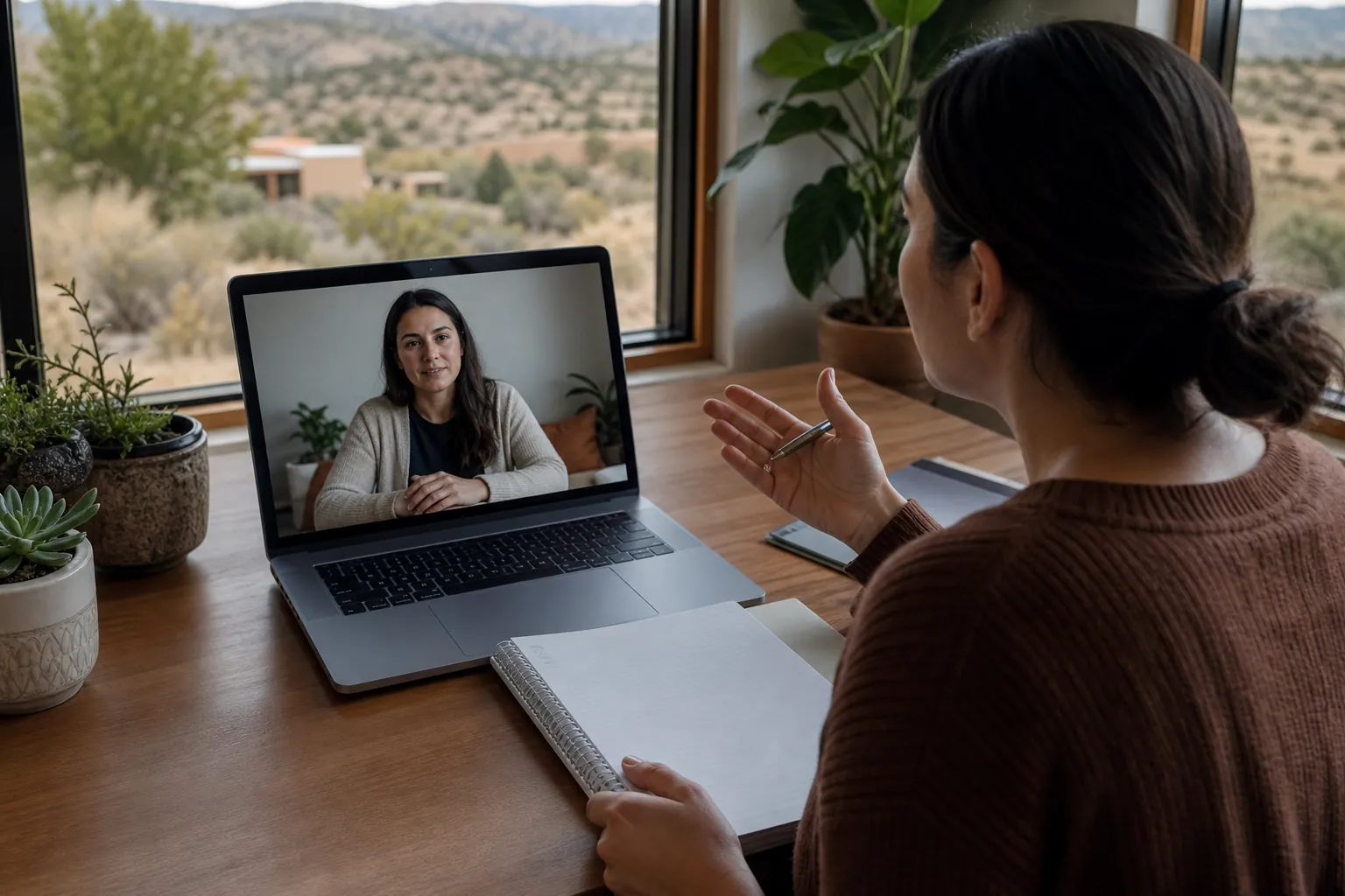 Woman gestures with a pen during a private video call at a desk, with a dry New Mexico landscape outside.
