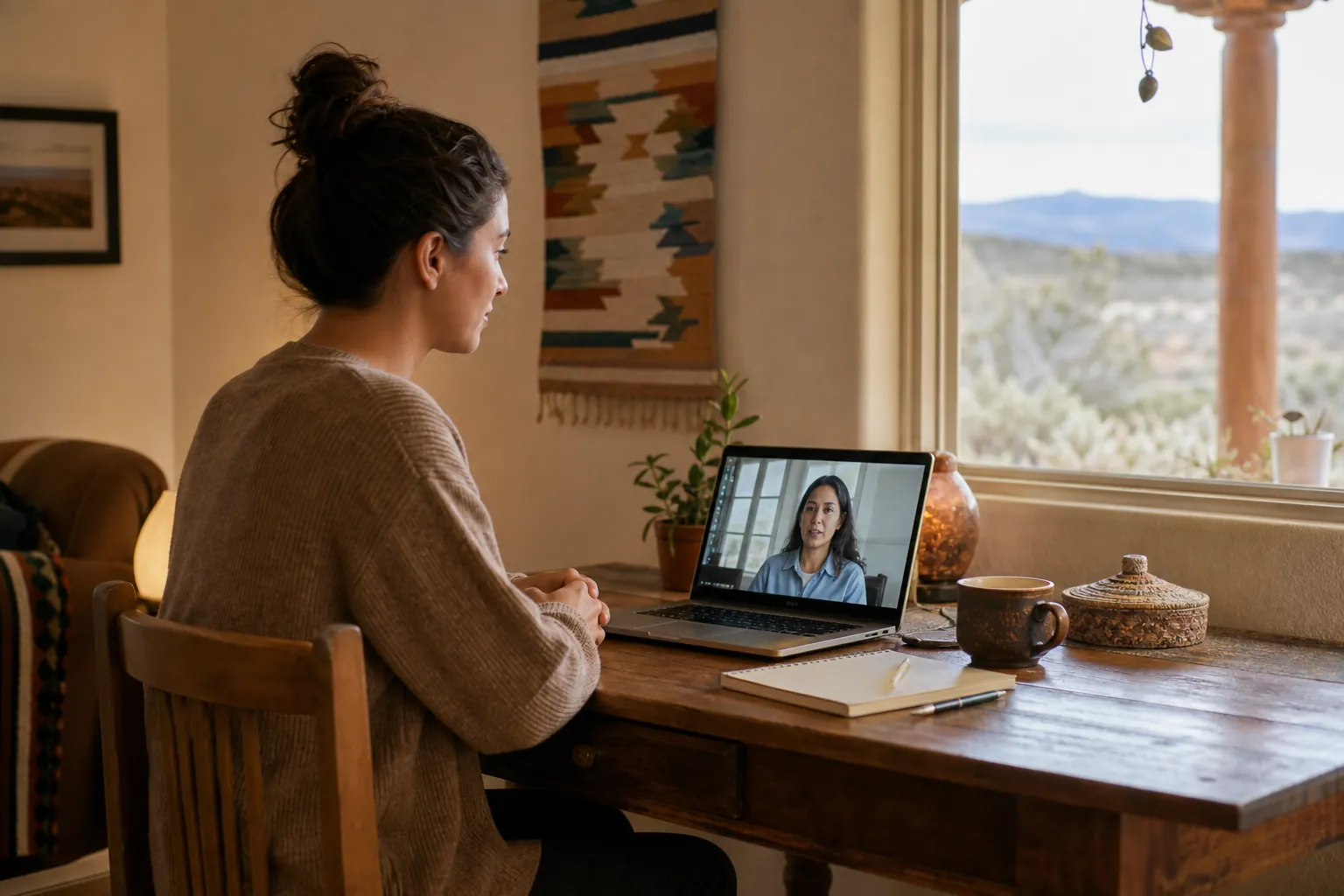 Woman seated alone at a dining table having a private video conversation with a counselor on a laptop.