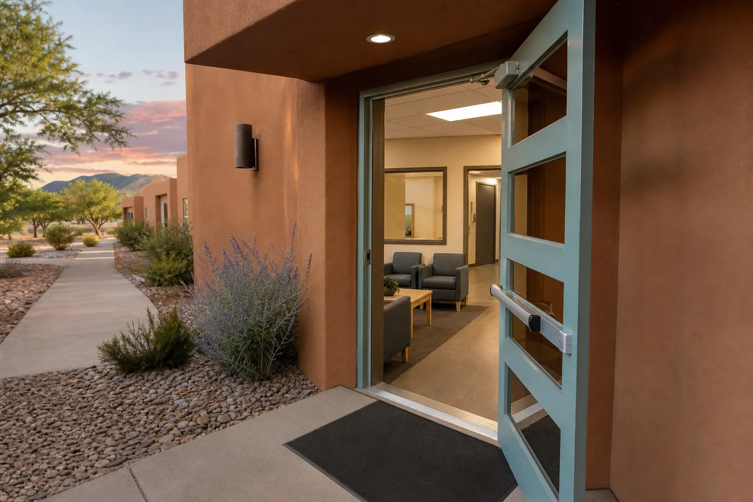 Open entrance to a Southwestern treatment facility with a waiting room, desert landscaping, and mountains at sunset.