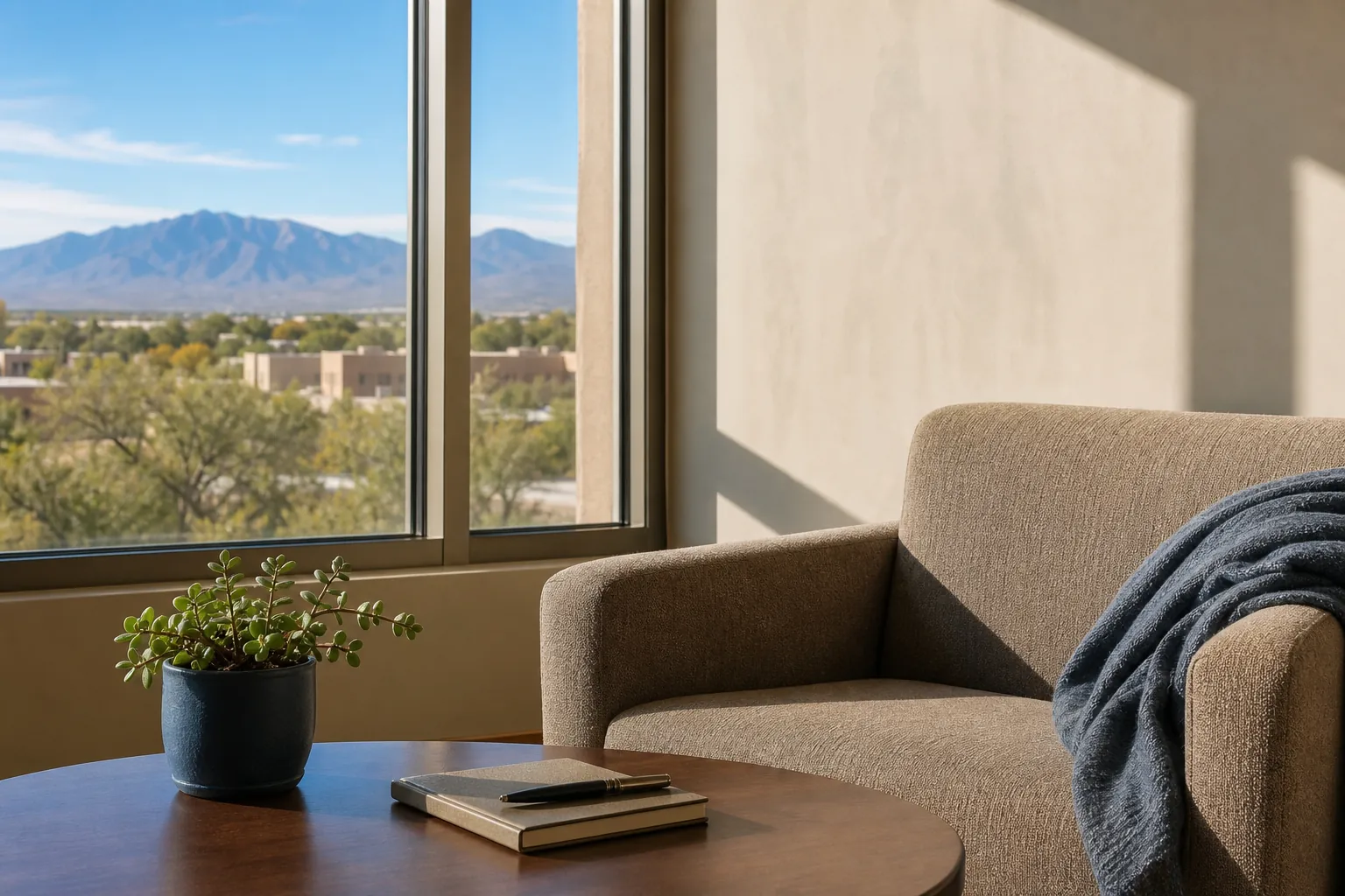 Quiet counseling room with an armchair, coffee table, plant, notebook, and a view of New Mexico mountains.