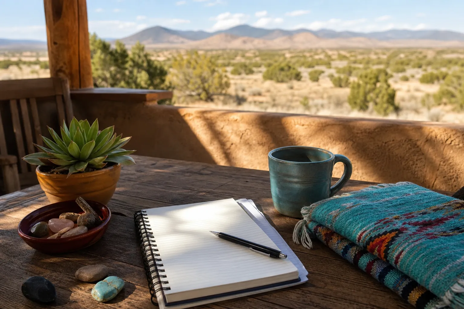 Blank spiral notebook and pen beside a mug, folded blanket, succulent, and stones on a desert porch table.