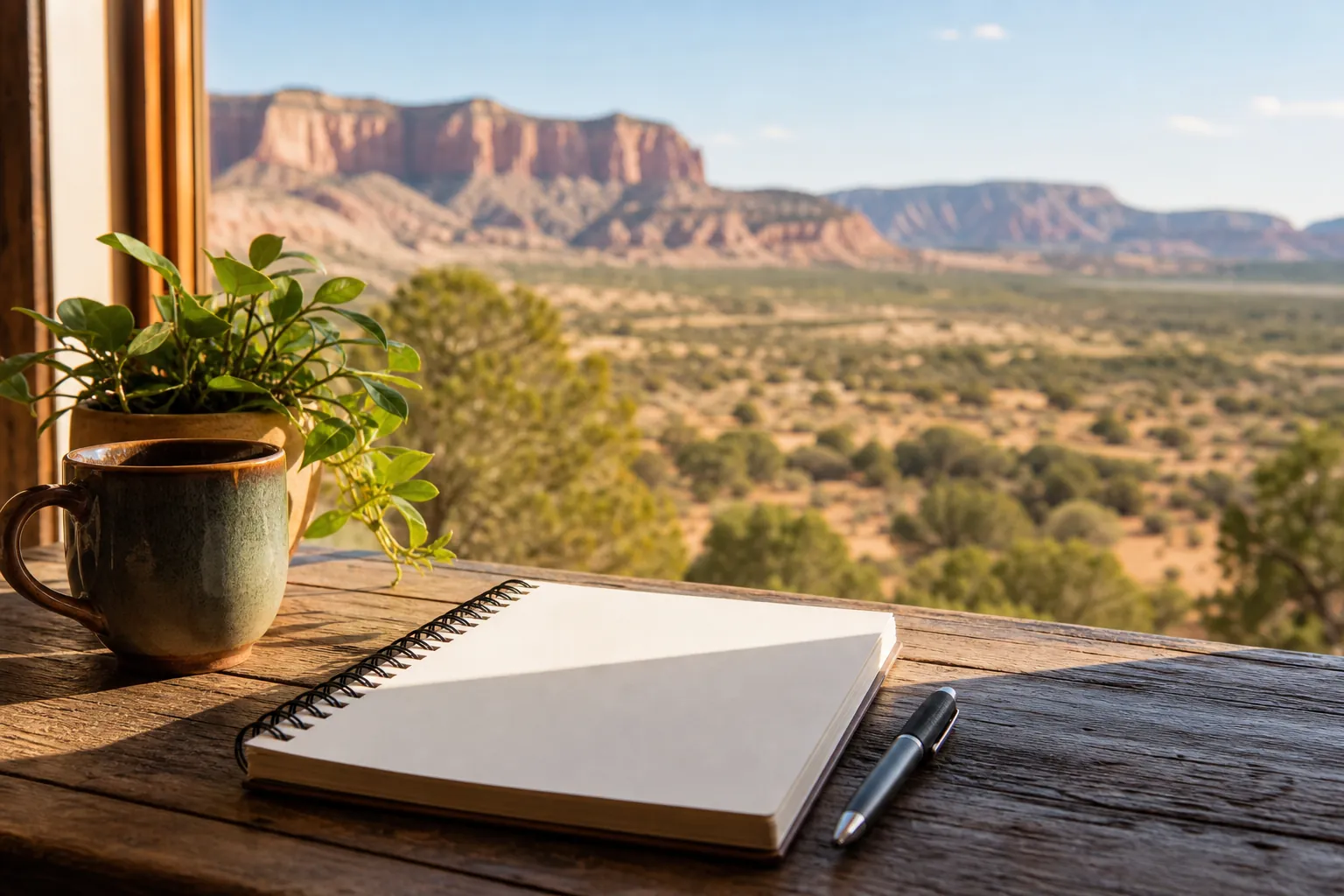 Blank spiral notebook, pen, coffee mug, and plant on a wooden table overlooking a New Mexico desert mesa landscape.