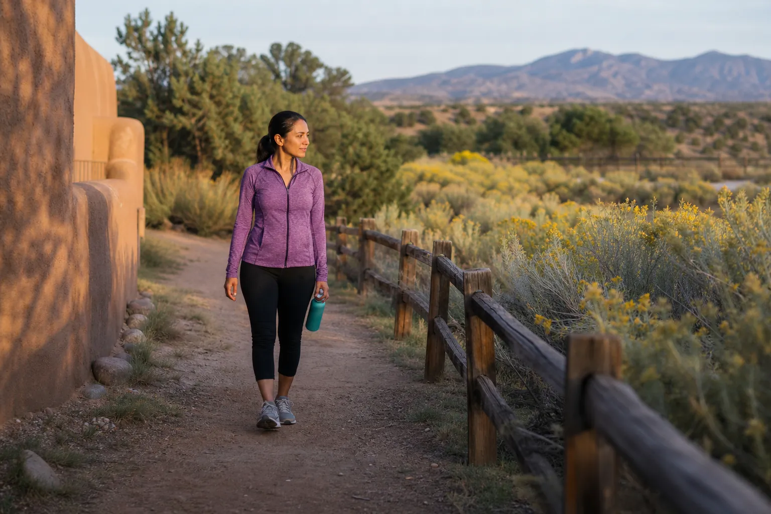 Woman in athletic clothes carrying a water bottle while walking on a desert path beside a wooden fence.